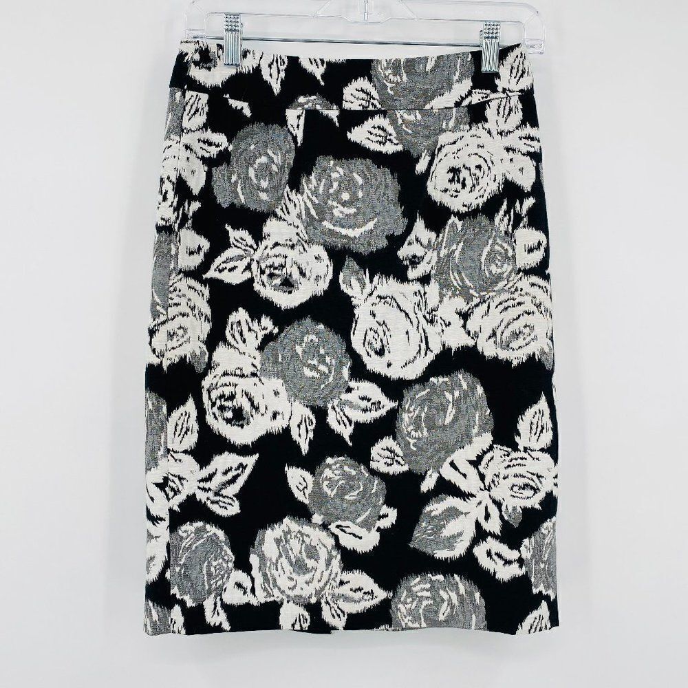 Banana Republic Size 0 Black & Silver Floral Print Midi Pencil Skirt Career